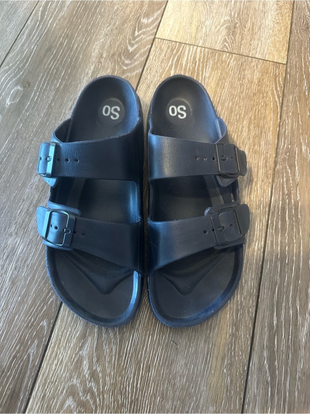 SO Navy Double-Buckle Slide Sandals